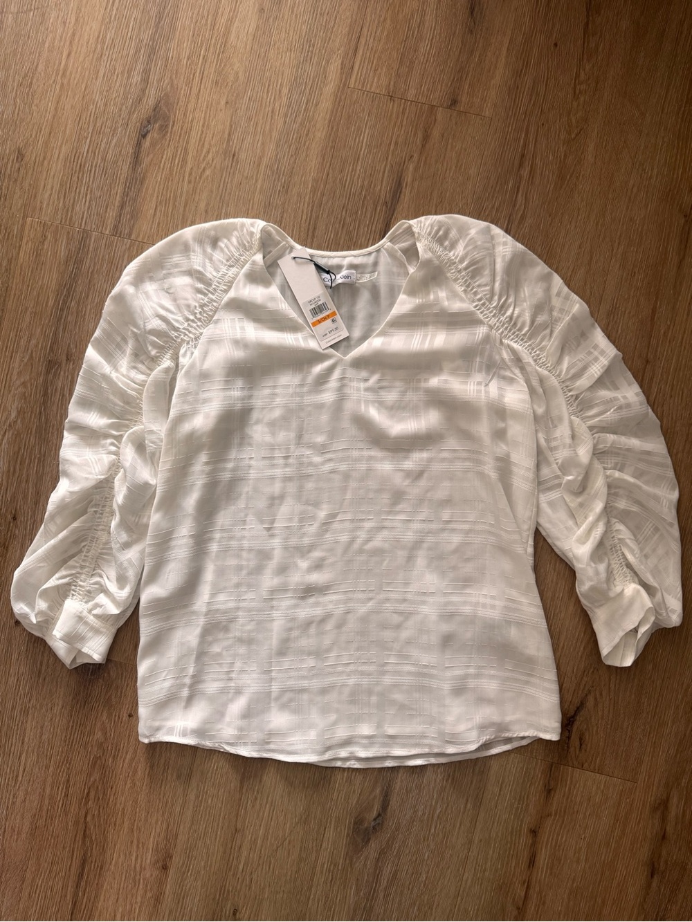 Calvin Klein White V-Neck Ruched Puff Sleeve Blouse in Women’s